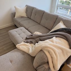 Gray Linen Sectional Sofa Couch And Ottoman