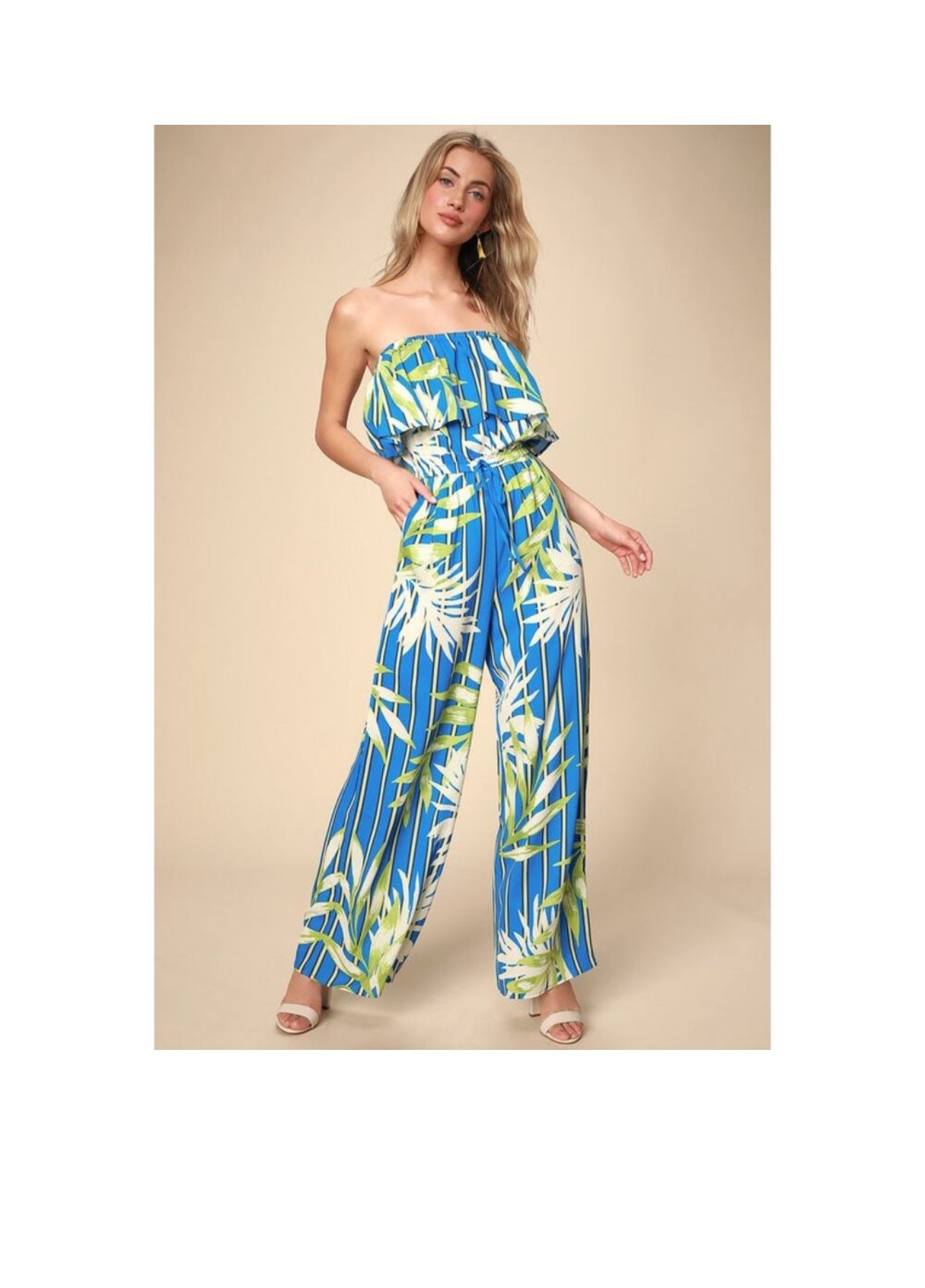 Lulus “Montane” Royal Blue Tropical Print Strapless Jumpsuit – Size Small