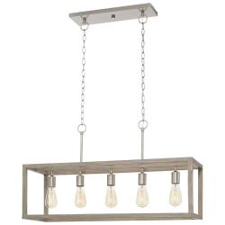 34" 5 Light Brushed Nickel Farmhouse Linear Chandelier w/Weathered Wood Accents