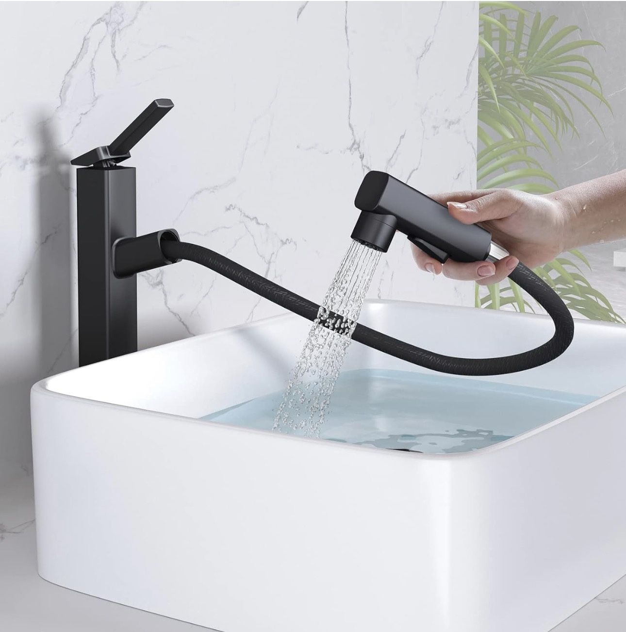 ONLY $45: Faucet with Pull Out Sprayer, Tall Bathroom Sink Faucet with 3 Spray Mode