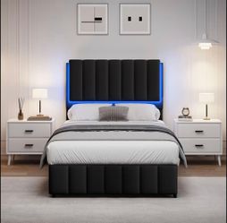 Twin Bed Frame with LED Lights and Headboard, Black Faux Leather
Upholstered platform bed with wooden slat support, noise-free, no box spring needed, 