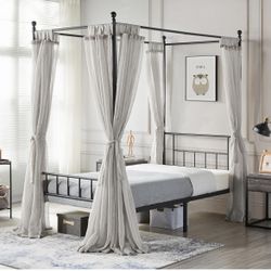 Metal Canopy Platform Bed Frame Four-Poster Canopied Bed Mattress Foundation with Headboard and Footboard Sturdy Slatted Structure No Box Spring Neede