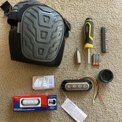 4 LED strobe/warning light, screwdriver, socket, knee pads