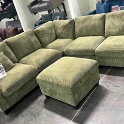 New Corduroy Sectional.  Green, Beige, Grey.  99” X 99”.  Free Delivery!
