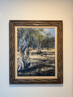 Vintage Framed Oil Painting Gnarled Olive Trees Landscape Si