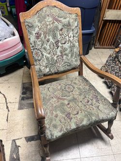 ANTIQUE ROCKING CHAIR RE-COVERED GREEN RED BROWN PATTERN SWAY BABY ASLEEP WONDERFUL NICE COMFORTING