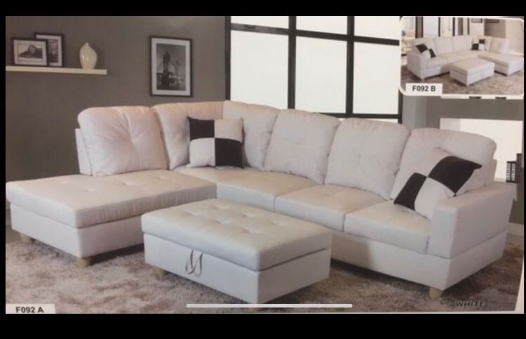 Brand New White Leather Sectional Sofa with Storage Ottoman