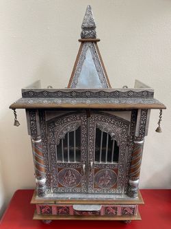 Indian Wood Puja Mandir Hindu Prayer Shrine – Silver Tone & Copper Accents