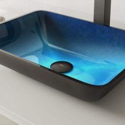 Donatello Turquoise Blue Glass 18 in. L x 13 in. W x 4 in. H Rectangular Vessel Bathroom Sink