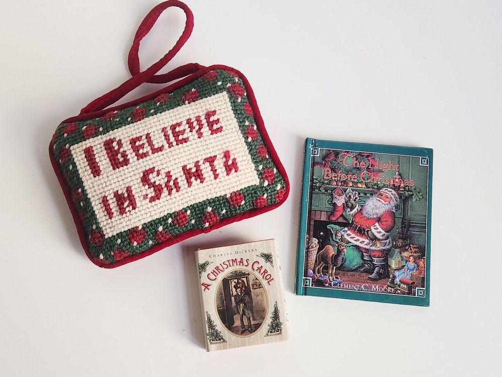 Vintage Small Needlepoint Hanging Pillow+ 2 Miniature Books