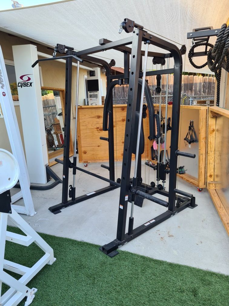 Smith Machine for squat, lat pull down row curls tricep push down bench press fly