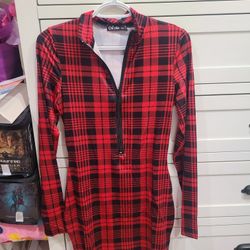 New. Long-sleeved, Red And Black Plaid, Mini Dress. 