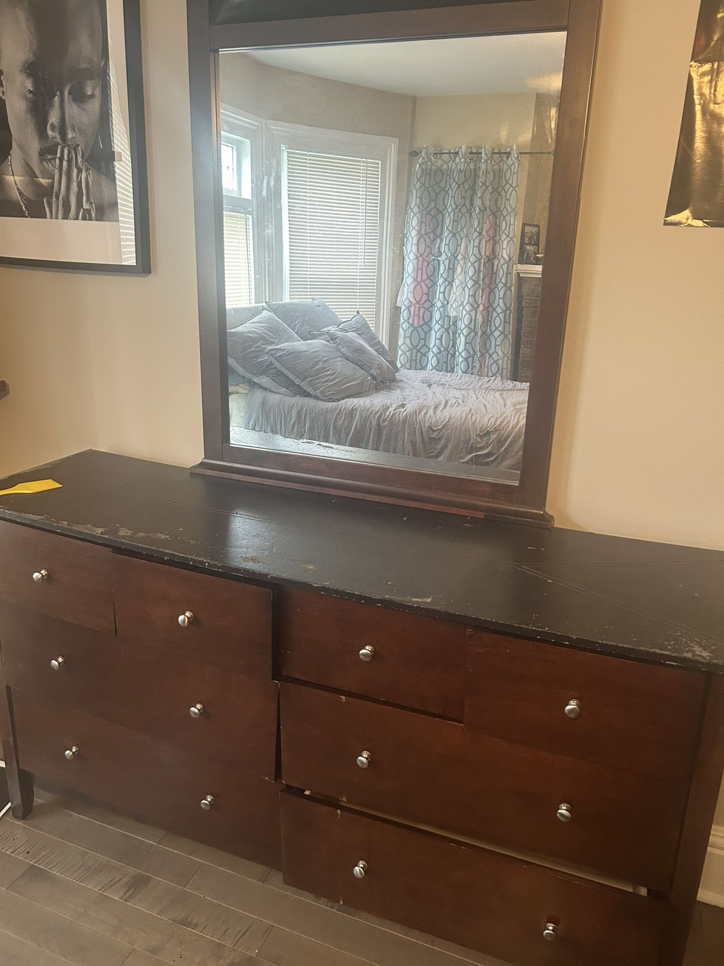 8-Drawer Dresser with Mirror – Dark Wood Finish (Used/As-Is)