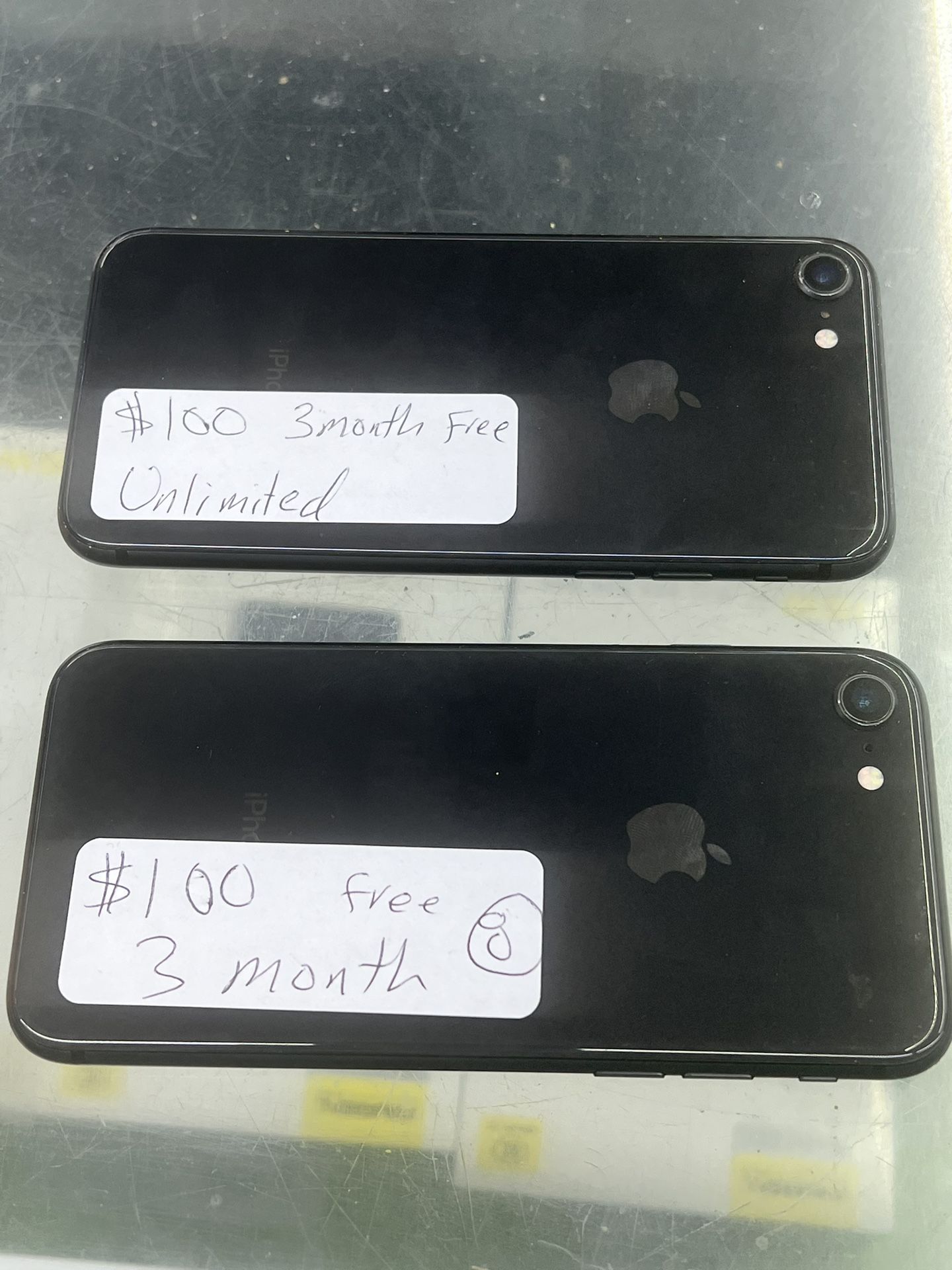 Apple iPhone 8 factory unlocked comes with three months unlimited. Everything included with purchase.