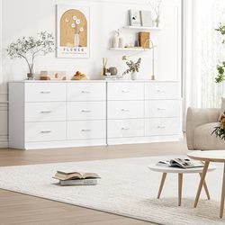 Set Of 2, White Dresser, 47.2'' Large 6 Drawer Dresser Wide Chest of Drawers for TV Stand, Modern Dresser White Floor Storage Drawer Cabinet for Home 