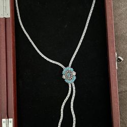 Vintage “Goldette” Silvertone And Faux Turquoise Slide Necklace 