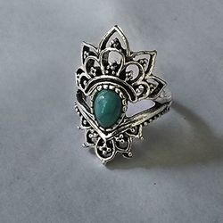 NATURAL TURQUOISE BEZEL SET ORNATE QUALITY TITANIUM SILVER NEW SIZE 7 RING