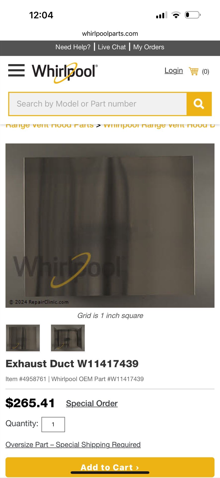 Whirlpool/kitchen Aid Range Chimney Exhaust Duct W11417439