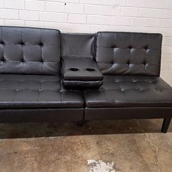 New Modern Futon Sofa With Cup Holders Faux Leather Brown  See Pictures For Dimensions 