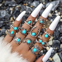 15 Silver And Turquoise Style Fashion stone Rings 