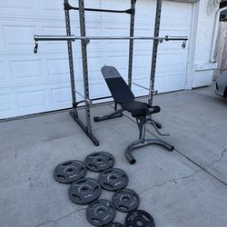 Squat Rack, Bench, Barbell and Weights