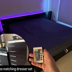 Modern California King Black Storage Bed Frame with LED Lights + Matching Dresser & Tall Chest