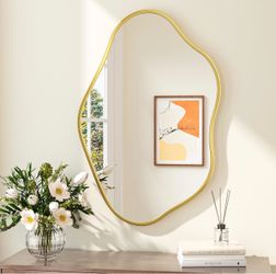 Keonjinn 24x36 Inch Gold Irregular Mirrors for Wall, Asymmetrical Mirror  HD Tempered Glass, Wavy Mirror, Decorative Mirror for Bathroom, Bedroom, Liv
