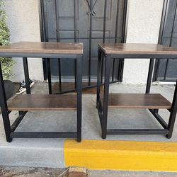 side tables set (2) with rustic brown particleboard top and sturdy black steel frame