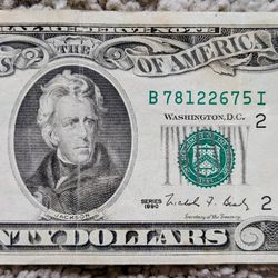 Vintage 1990 small face $20 bill Federal Reserve bank note old American paper money currency