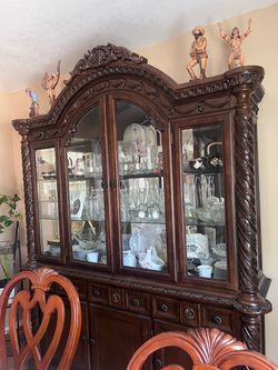 Large Dark Wood China Hutch Cabinet