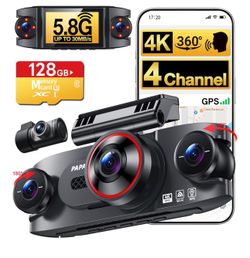 4 Channel Dash Cam, Front 4K HDR, 5.8G WiFi, 360° All Around Car Camera