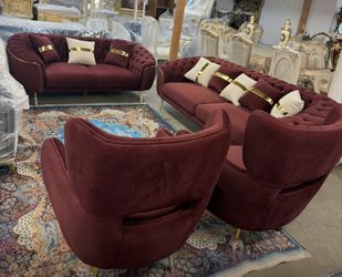 Tufted Modern Sofa set. One big 3 seater sofa, one love seat with 2 chairs LOOK UP This is a modern tufted sofa with gold accents. TIME PERIOD 2020s