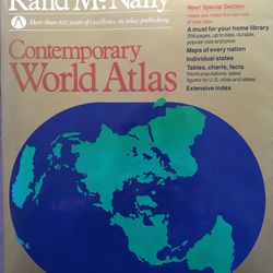 Rand McNally Contemporary World Atlas 1986 classic hardcover geographic reference book, 224 pages with maps of every nation and state, tables of world