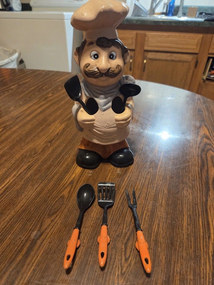 Ceramic Chef Statue With Utensils