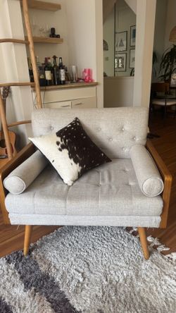 Two Mid-Century Modern Upholstered Accent Chairs with Wooden Arms