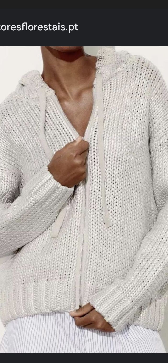 Like New ZARA NEW WOMAN ZIP-UP FOIL KNIT HOODIE CARDIGAN SILVER SIZE SMALL
