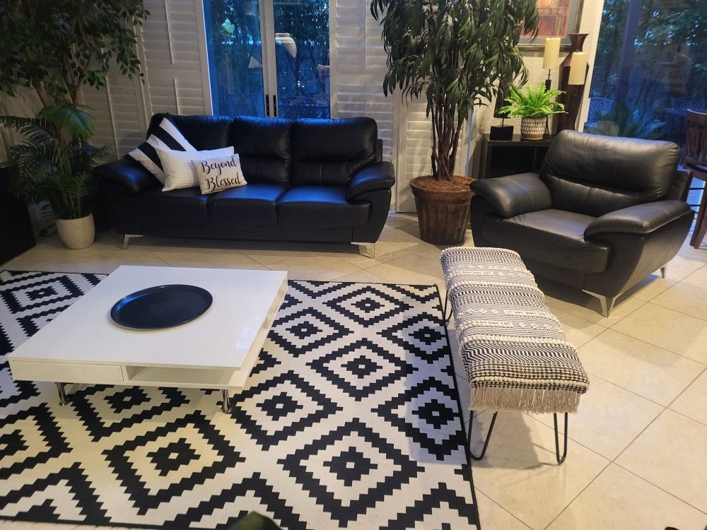 Black Leather Sofa and Chair Set with Coffee Table