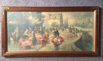 Print by Impressionist F. Van Vreeland, "Holland Flower Market" in Original, Beautiful Vintage Frame