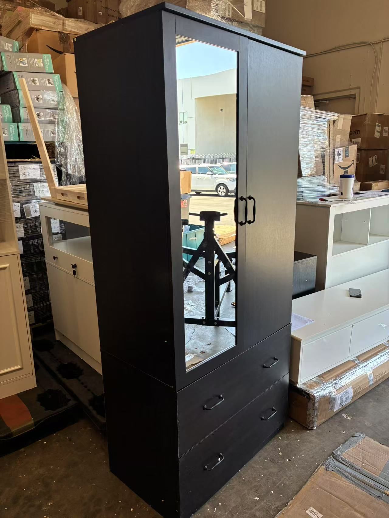 Wardrobe with Mirror & 2 Drawers, 2-Door Wardrobe with Shelves & Hanging Rod, Black-Brown (31.5”W x 18.9”D x 72”H)