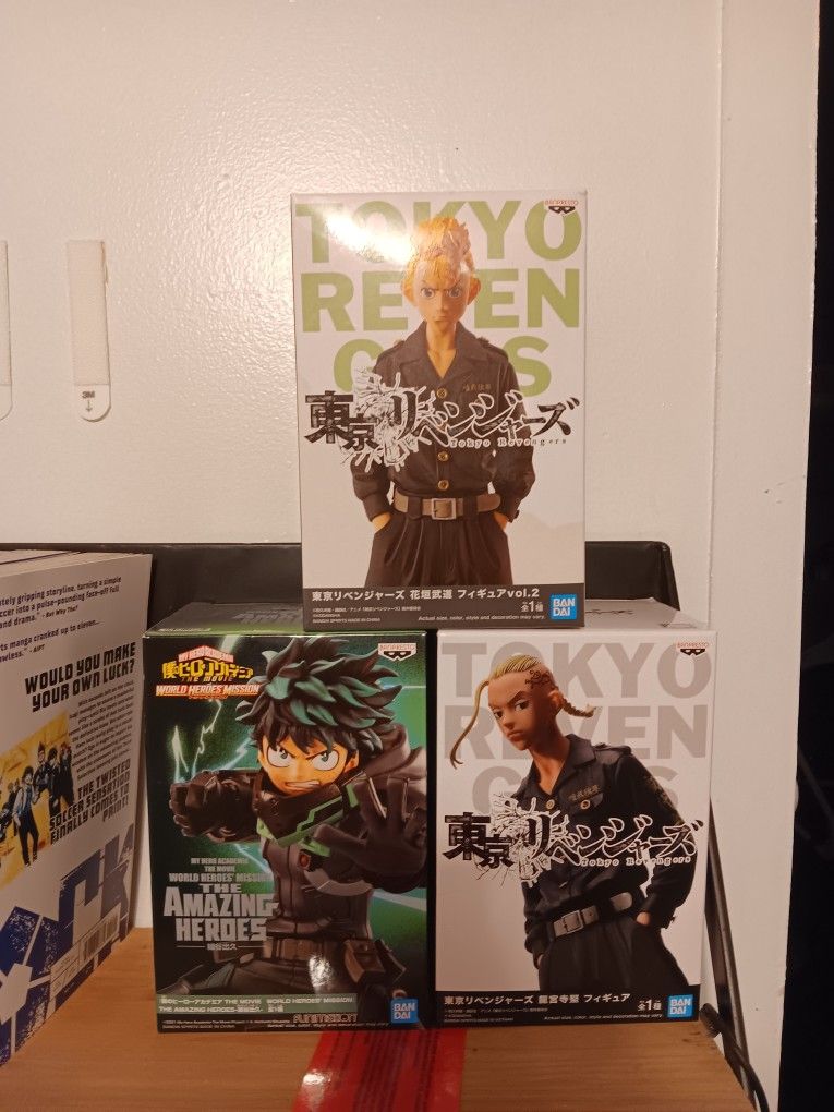 Three anime figures of Deku, Takemichi, and Drake