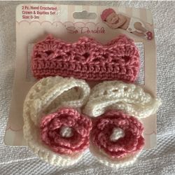 So 'Dorable Infant Newborn Size 0-3 Months Pink White Crochet Crown & Booties