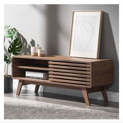mopio Ensley 46" TV Stand with Slatted Door, Mid Century Modern Entertainment Center for 55/60/65 inch TV, Farmhouse Media Console with Storage, Adjus