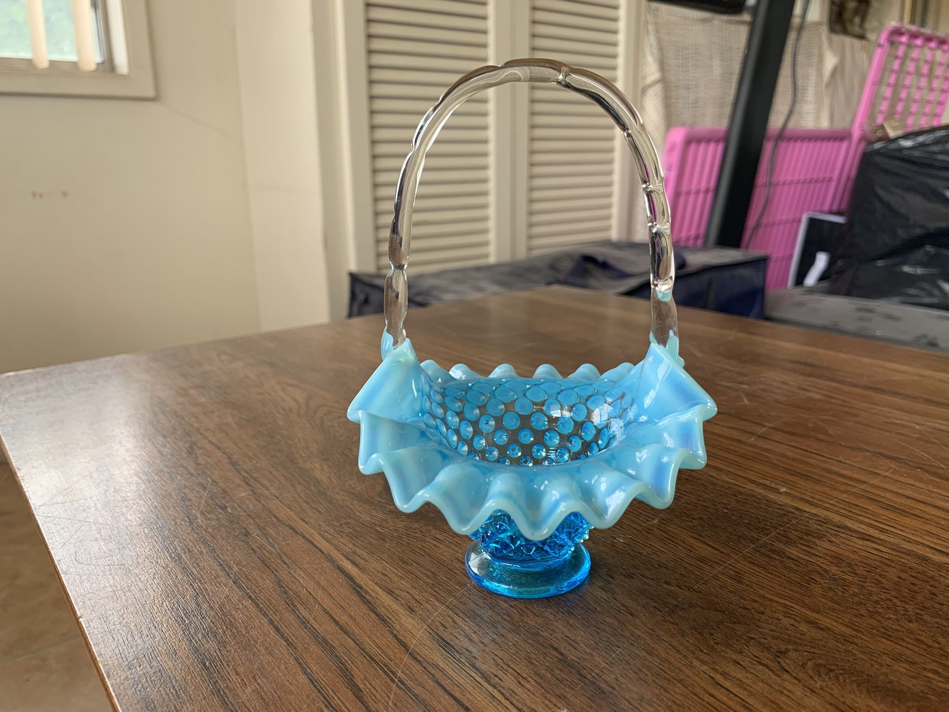 Vintage Fenton Small Blue Frosted Glass Basket