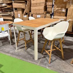 BRAND NEW 5-Piece Patio High Top Table Set - Outdoor Teak and Aluminum Bar Table and Stools
