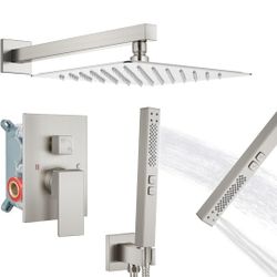 GBBNE shower Faucet System 10in Rainfall Head 2 Function Handshower With Rough-in Valve Brushed Nickel New