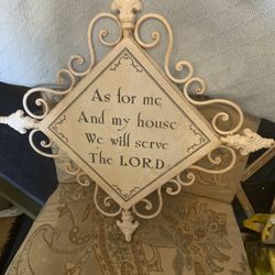 This vintage-style diamond wall plaque features the well-known Christian declaration, "As for me and my house we will serve the Lord." Made out of iro
