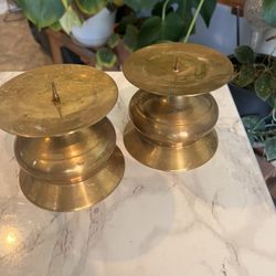 2 Vtg Brass Spiked Pilar Candle Holders 4in