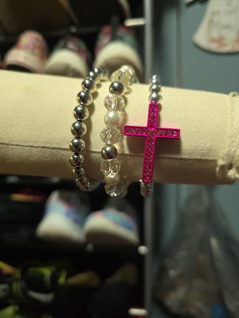 Three Silver And White Beaded Bracelets
