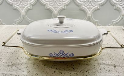 Vintage  Corningware Cornflower Blue Baking Dish with Pyroceram Lid and Carrier