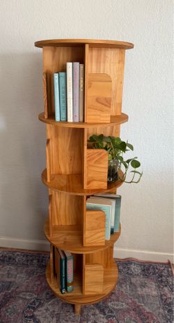 5-Tier Solid Pine Wood 360° Rotating Bookshelf Tower  $100